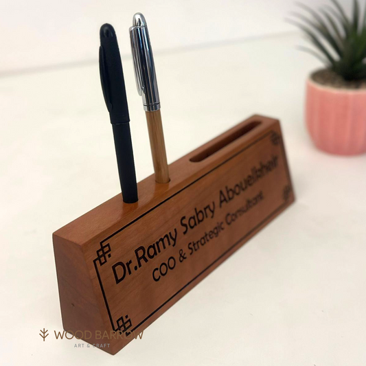 Personalized Cherry Wood Name Plate with Business Card Holder and Pen Holders