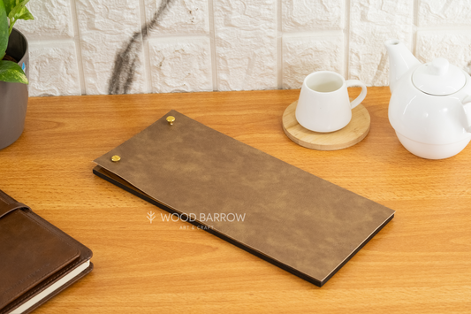 Small Wooden Menu Holder with Leather Covering