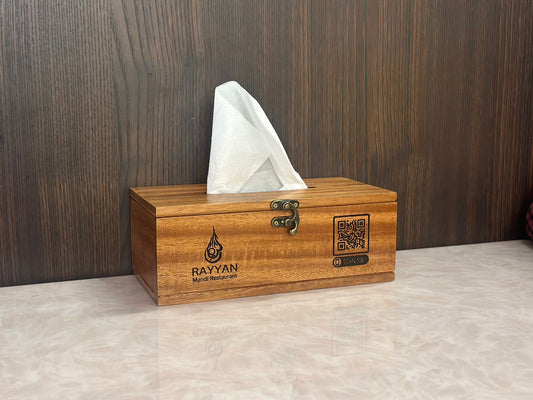 Premium Rectangular Wooden Tissue Box with QR Code and Logo