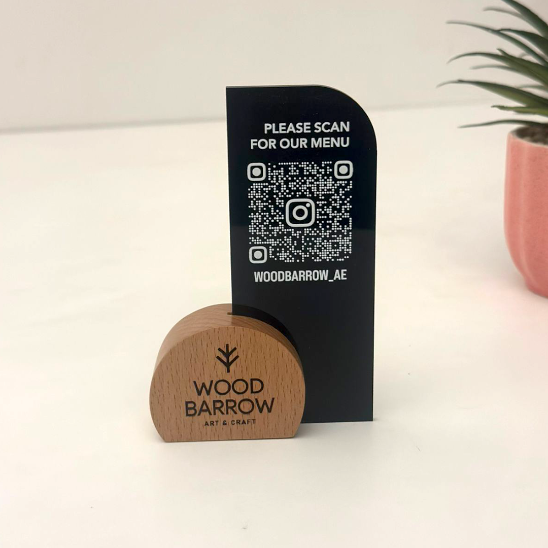 Engraved Wooden QR Code Display | Made in UAE