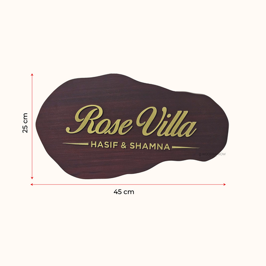 Unshaped Wooden Name Plate – 45x25cm | Golden Acrylic Letters | Rustic Luxury Sign