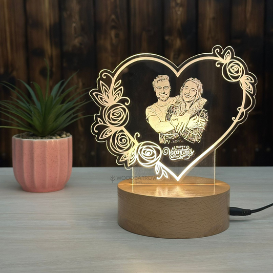 Photo Lamp with Flowers – Personalized Gift with Round Wooden Base